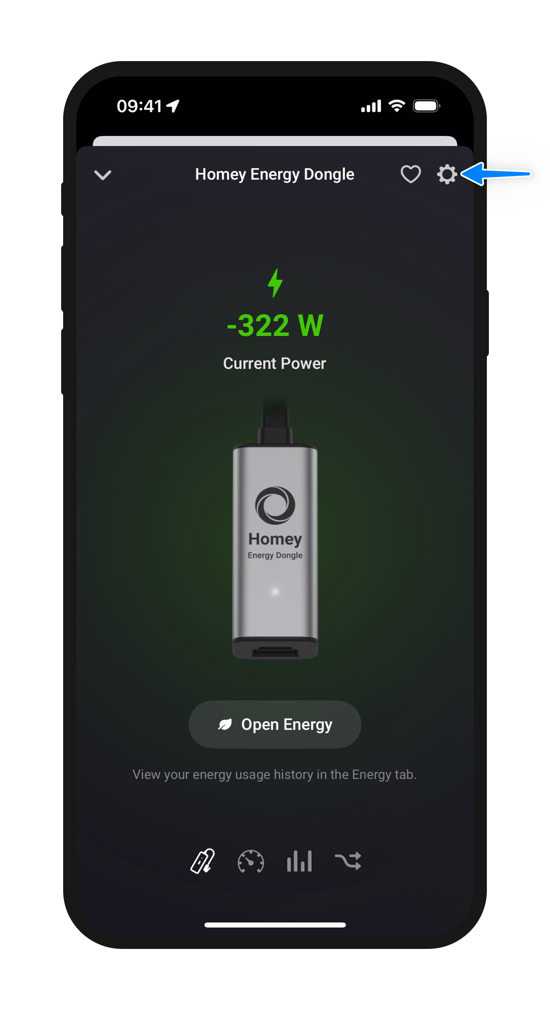 Mobile screen displaying the Homey Energy Dongle interface, highlighting the settings icon in the upper-right corner