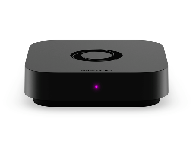 A Homey Pro mini device featuring a blinking pink LED indicator
