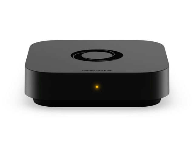 A Homey Pro mini device featuring a blinking orange LED indicator
