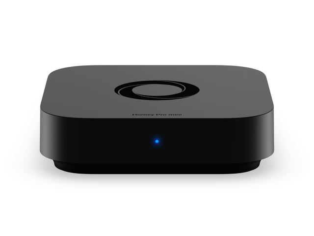 A Homey Pro mini device featuring a blinking blue LED indicator