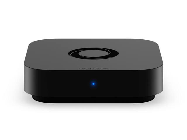 A Homey Pro mini device featuring a breathing blue LED indicator