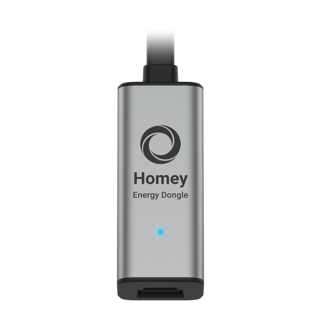 A Homey Energy Dongle featuring a breathing blue LED indicator