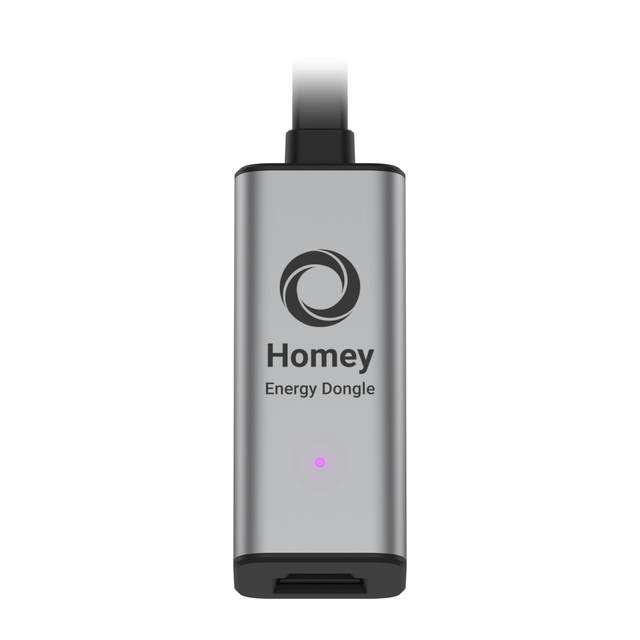 A Homey Energy Dongle featuring a blinking pink LED indicator