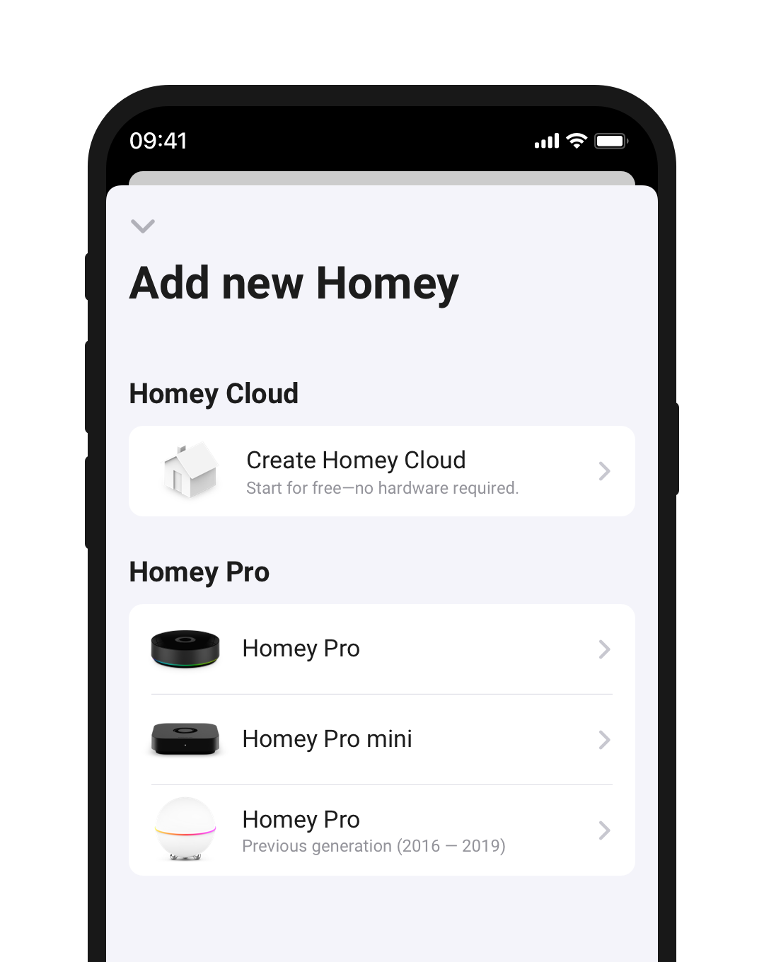 An illustration of a mobile device showcasing the option to set up a new Homey Pro mini
