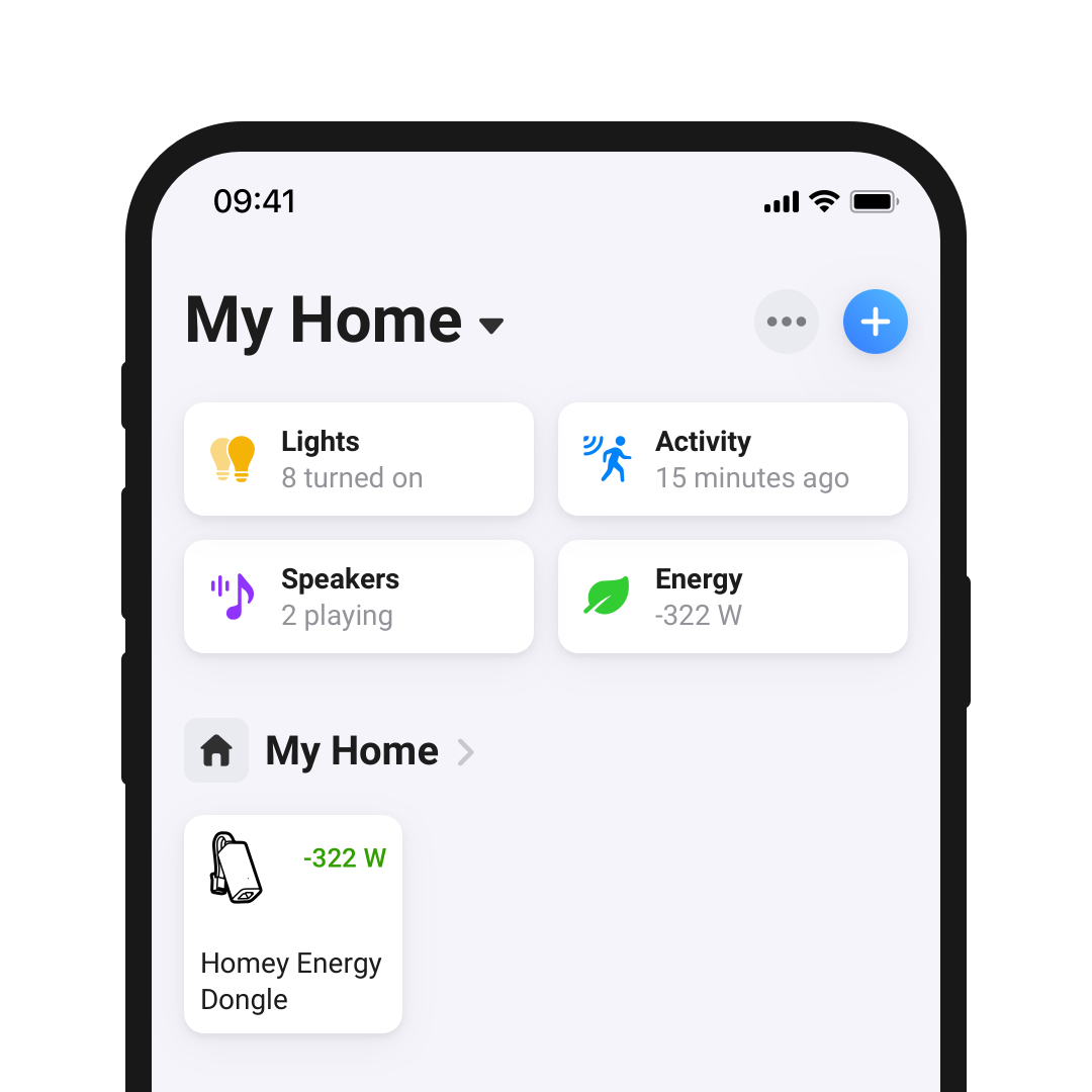 Mobile screen displaying the Homey Energy Dongle device tile on the Devices tab