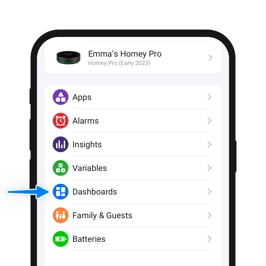 An illustration of a mobile phone screen showcasing the Homey app, highlighting the More section.