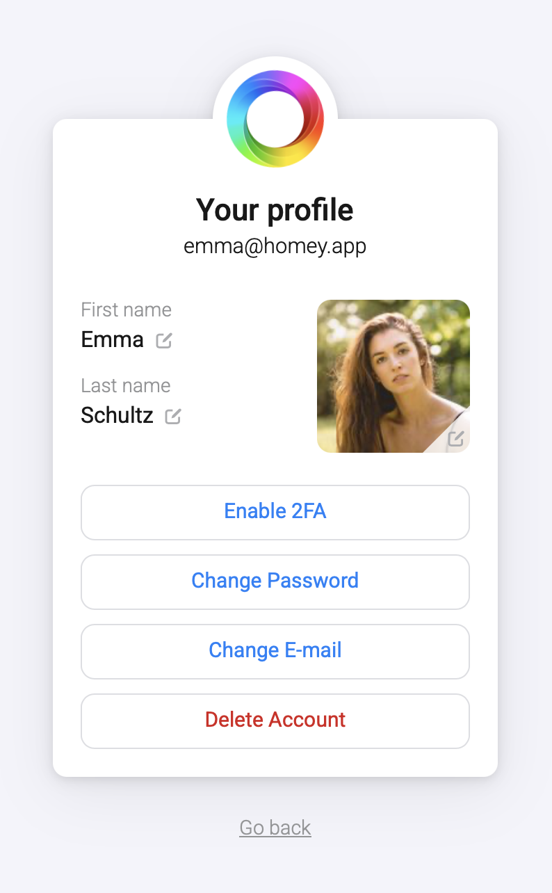 A page in a web browser that displays the profile information of your Homey account