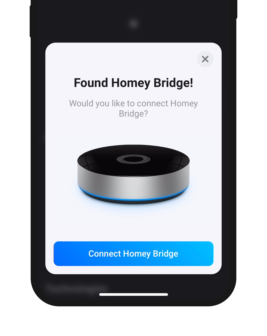 A phone screen showing a Homey Bridge and a Connect button in the Homey app