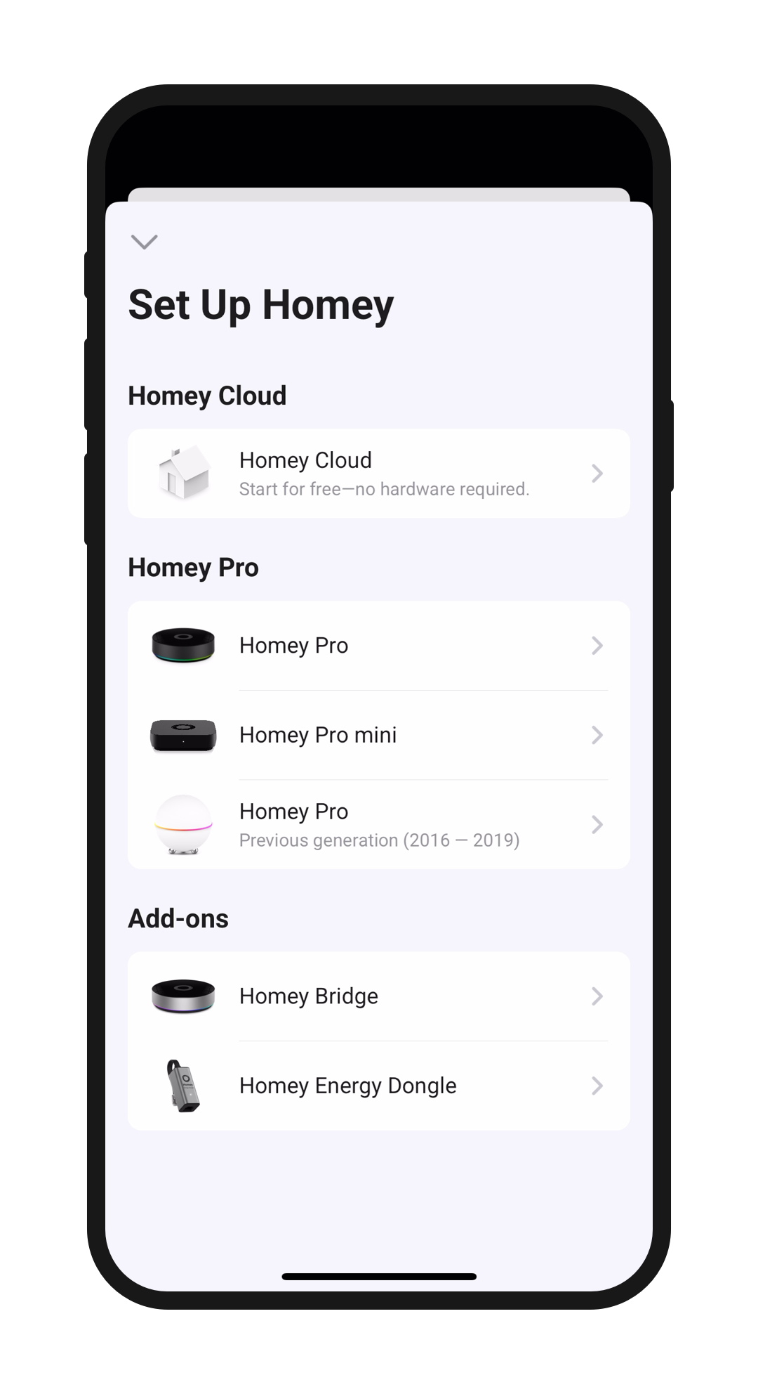An illustration of a mobile device showcasing the option to set up a new Homey