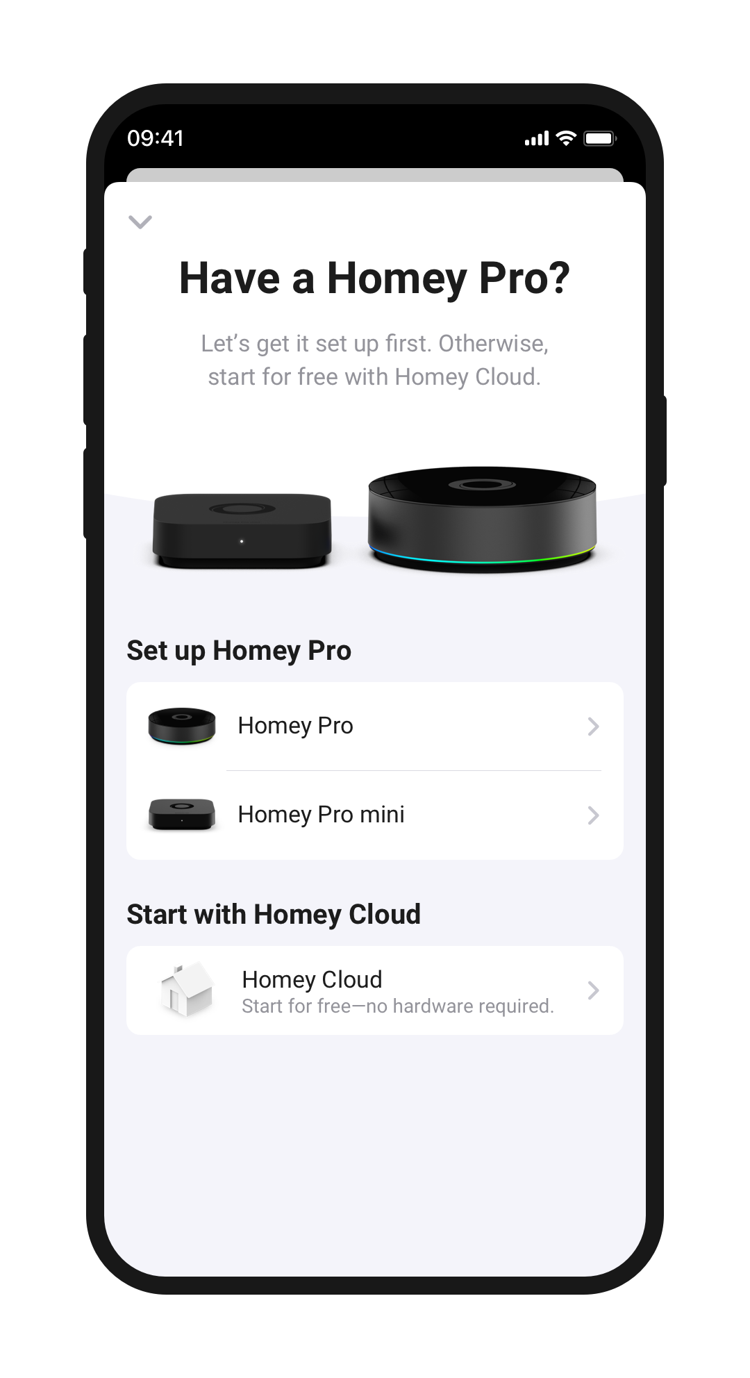 An illustration of a mobile device showcasing the option to set up a new Homey Pro