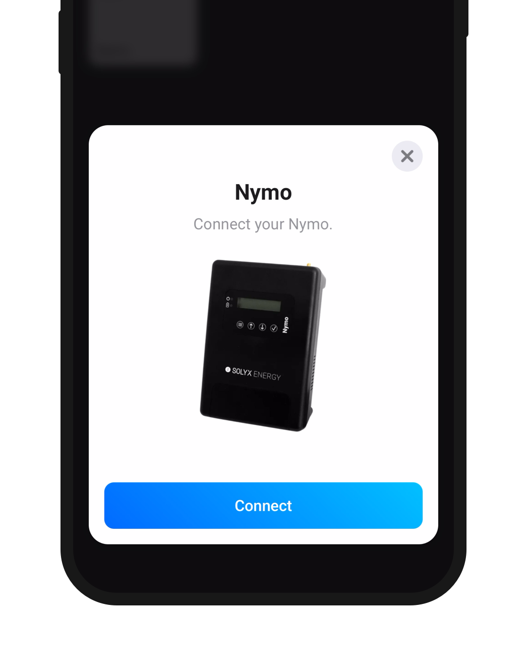 A phone screen showing the Solyx Nymo and a Connect button