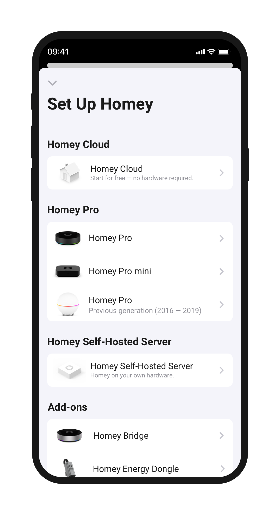 An illustration of a mobile device showcasing the option to set up a new Homey